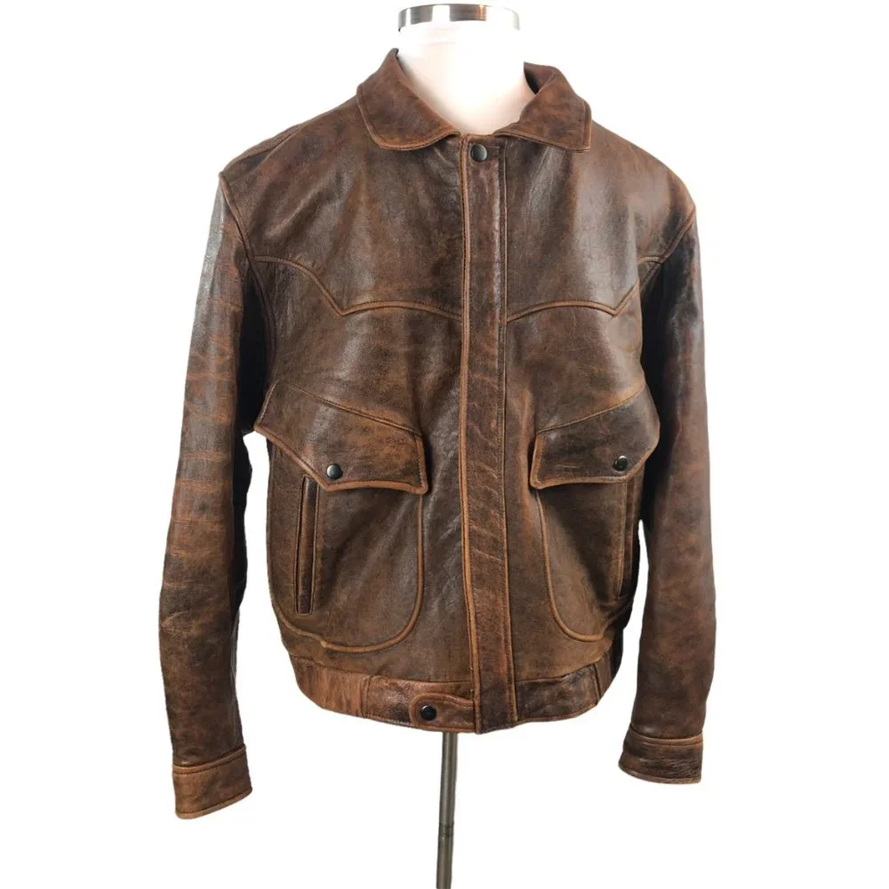 Pioneer Wear Distressed Men's Bomber Style Brown Lamb Leather Jacket Size 44 - Picture 14 of 16